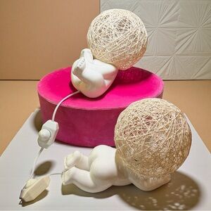 2 Adorable Glossy Ceramic Baby Woven String Globe Shaded Dimmable Lamps (EUC)